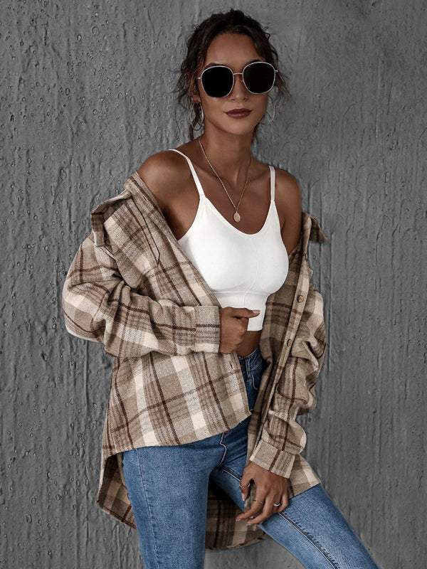 Oversized Casual Warm Tan Plaid Shacket Flannel Shirt Jacket | Shackets | Pekosa Women Clothing