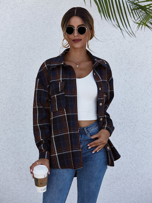 Oversized Casual Warm Tan Plaid Shacket Flannel Shirt Jacket | Shackets | Pekosa Women Clothing