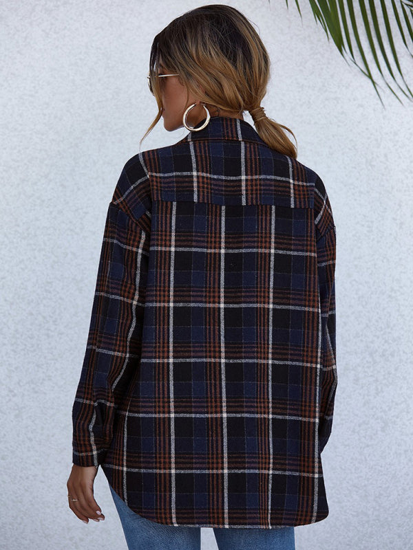 Oversized Casual Warm Tan Plaid Shacket Flannel Shirt Jacket | Shackets | Pekosa Women Clothing