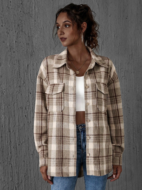 Oversized Casual Warm Tan Plaid Shacket Flannel Shirt Jacket | Shackets | Pekosa Women Clothing