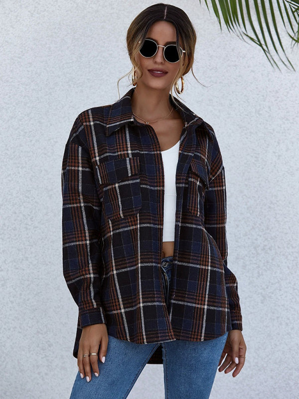 Oversized Casual Warm Tan Plaid Shacket Flannel Shirt Jacket | Shackets | Pekosa Women Clothing