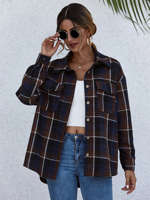 Oversized Casual Warm Tan Plaid Shacket Flannel Shirt Jacket | Shackets | Pekosa Women Clothing