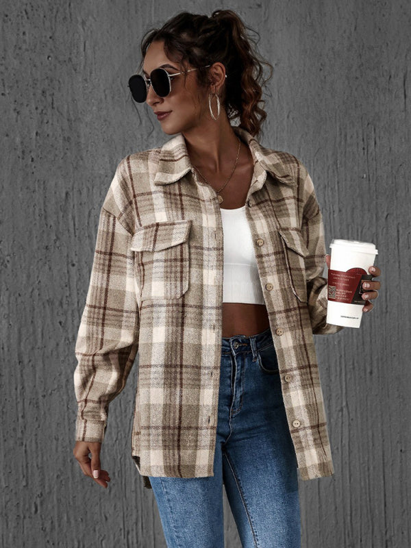 Oversized Casual Warm Tan Plaid Shacket Flannel Shirt Jacket | Shackets | Pekosa Women Clothing