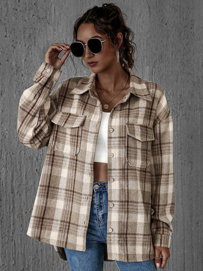 Oversized Casual Warm Tan Plaid Shacket Flannel Shirt Jacket | Shackets | Pekosa Women Clothing