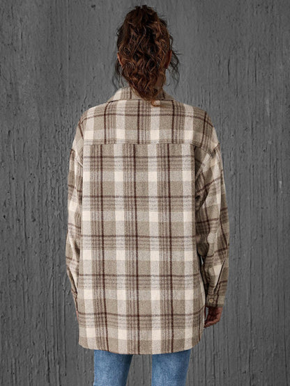 Oversized Casual Warm Tan Plaid Shacket Flannel Shirt Jacket | Shackets | Pekosa Women Clothing