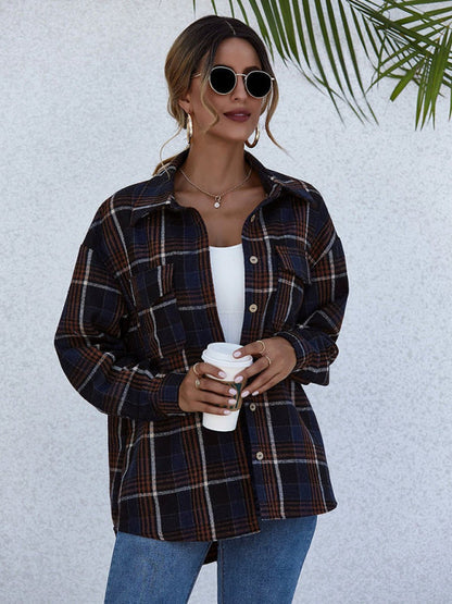 Oversized Casual Warm Tan Plaid Shacket Flannel Shirt Jacket | Shackets | Pekosa Women Clothing