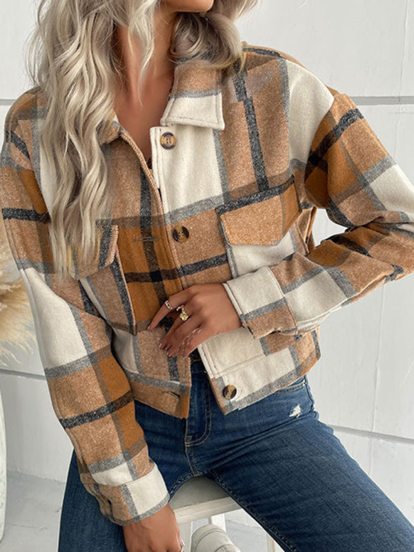 Shackets- Trendy Women's Checked Shirt Jacket - Plaid Crop Jacket- - Pekosa Women Clothing