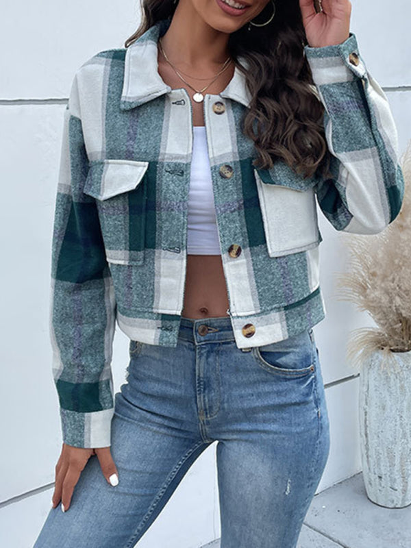 Shackets- Trendy Women's Checked Shirt Jacket - Plaid Crop Jacket- - Pekosa Women Clothing