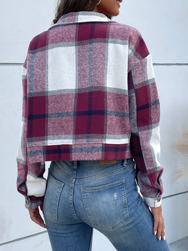 Shackets- Trendy Women's Checked Shirt Jacket - Plaid Crop Jacket- - Pekosa Women Clothing