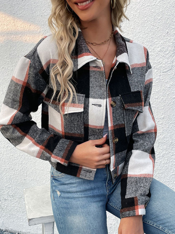 Shackets- Trendy Women's Checked Shirt Jacket - Plaid Crop Jacket- - Pekosa Women Clothing