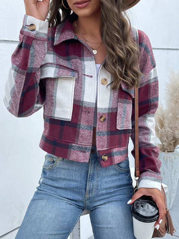 Shackets- Trendy Women's Checked Shirt Jacket - Plaid Crop Jacket- - Pekosa Women Clothing