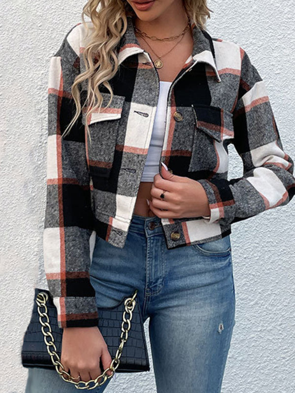 Shackets- Trendy Women's Checked Shirt Jacket - Plaid Crop Jacket- - Pekosa Women Clothing