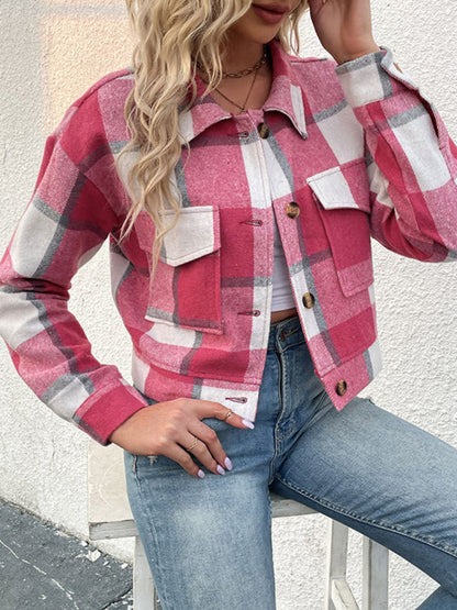 Shackets- Trendy Women's Checked Shirt Jacket - Plaid Crop Jacket- - Pekosa Women Clothing