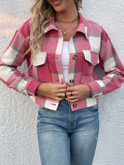 Shackets- Trendy Women's Checked Shirt Jacket - Plaid Crop Jacket- - Pekosa Women Clothing