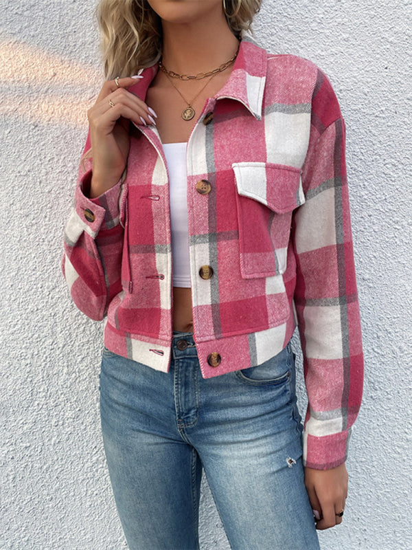 Shackets- Trendy Women's Checked Shirt Jacket - Plaid Crop Jacket- - Pekosa Women Clothing