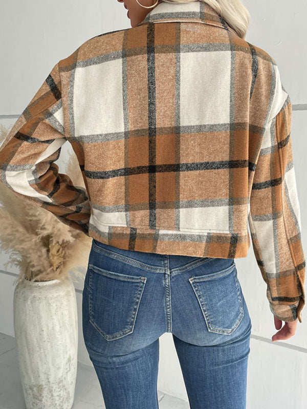 Shackets- Trendy Women's Checked Shirt Jacket - Plaid Crop Jacket- - Pekosa Women Clothing