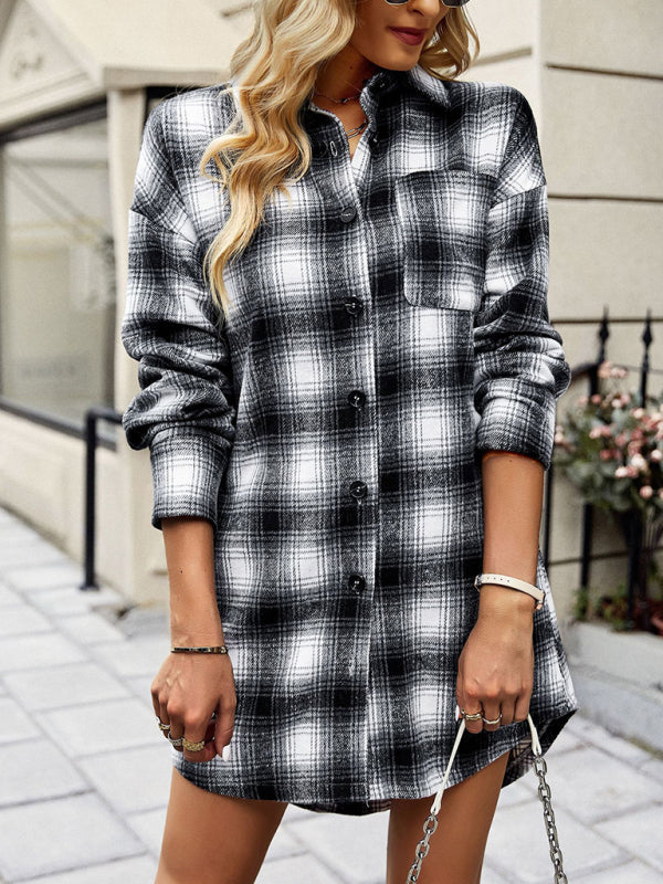 Shackets- Women’s Plaid Long Shacket - Checked Shirt Jacket with Patch Pockets- - Pekosa Women Clothing