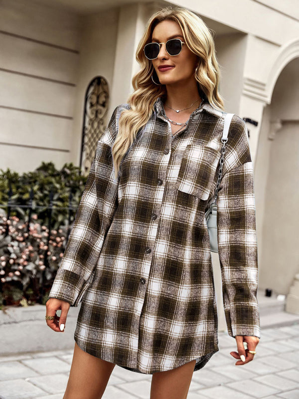 Shackets- Women’s Plaid Long Shacket - Checked Shirt Jacket with Patch Pockets- - Pekosa Women Clothing