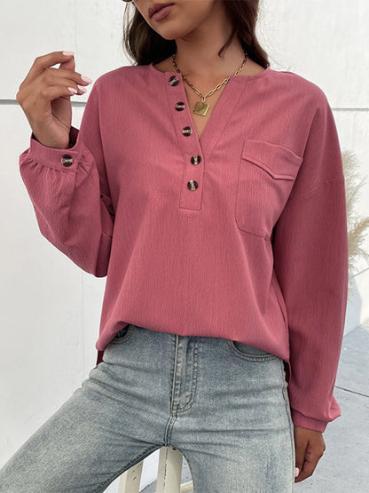 Shirt Blouses- Flounce Long Sleeve Shirt Blouse - Patch Pocket Half Button Top- - Pekosa Women Clothing