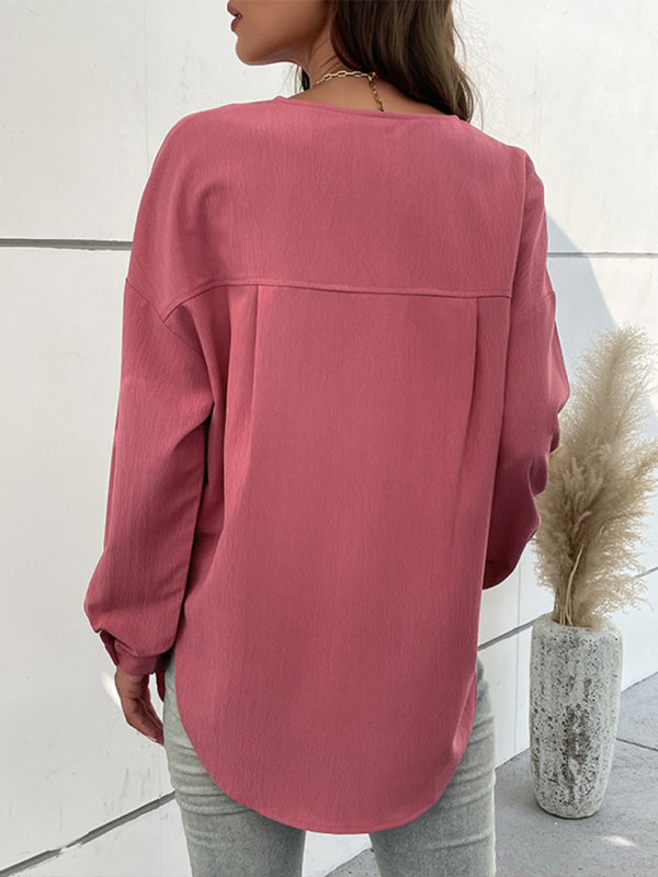 Shirt Blouses- Flounce Long Sleeve Shirt Blouse - Patch Pocket Half Button Top- - Pekosa Women Clothing