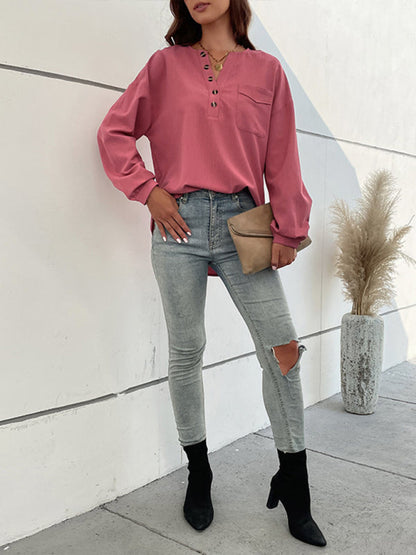 Shirt Blouses- Flounce Long Sleeve Shirt Blouse - Patch Pocket Half Button Top- - Pekosa Women Clothing