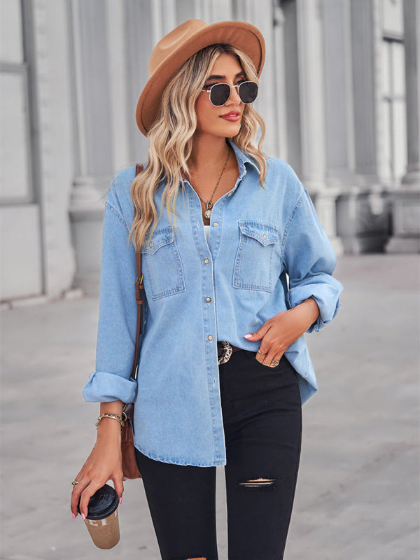 Shirt- Button-Down Jean Jacket Women's Thin Denim Shirt Jacket for Any Occasion- - IndioGear Fashion and Gear