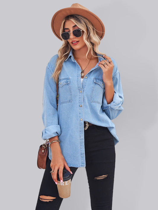 Shirt- Button-Down Jean Jacket Women's Thin Denim Shirt Jacket for Any Occasion- Blue- IndioGear Fashion and Gear