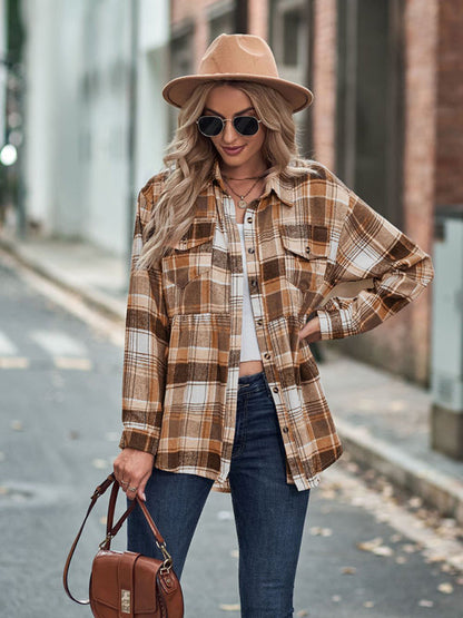 Shirt- Classic Plaid Peplum Buttoned Shirt Jacket: Lapel Collar, Long Sleeves- - IndioGear Fashion and Gear