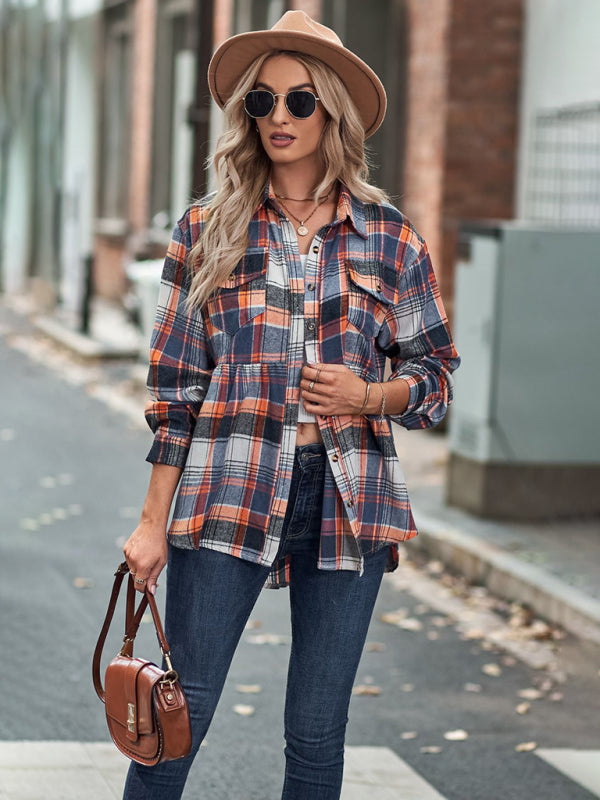 Shirt- Classic Plaid Peplum Buttoned Shirt Jacket: Lapel Collar, Long Sleeves- - IndioGear Fashion and Gear