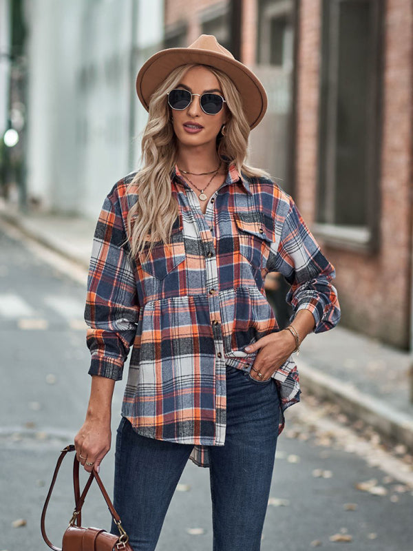 Shirt- Classic Plaid Peplum Buttoned Shirt Jacket: Lapel Collar, Long Sleeves- - IndioGear Fashion and Gear