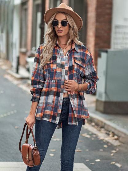 Shirt- Classic Plaid Peplum Buttoned Shirt Jacket: Lapel Collar, Long Sleeves- - IndioGear Fashion and Gear