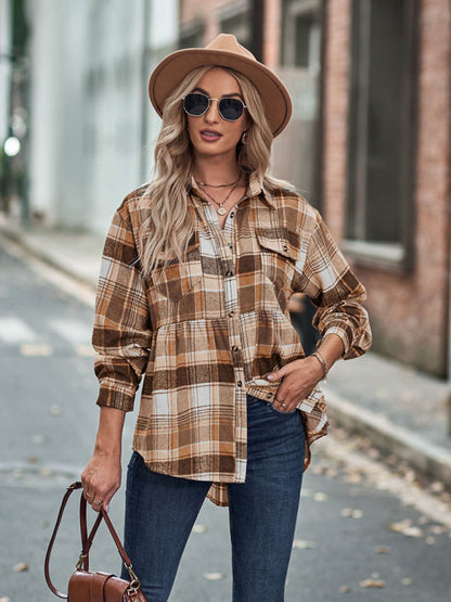 Shirt- Classic Plaid Peplum Buttoned Shirt Jacket: Lapel Collar, Long Sleeves- - IndioGear Fashion and Gear