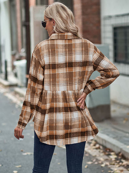 Shirt- Classic Plaid Peplum Buttoned Shirt Jacket: Lapel Collar, Long Sleeves- - IndioGear Fashion and Gear