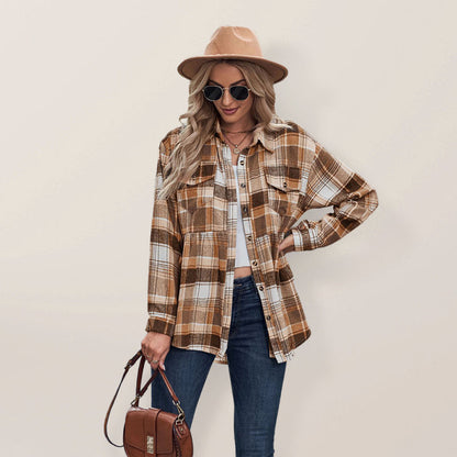 Shirt- Classic Plaid Peplum Buttoned Shirt Jacket: Lapel Collar, Long Sleeves- Orange plaid- IndioGear Fashion and Gear