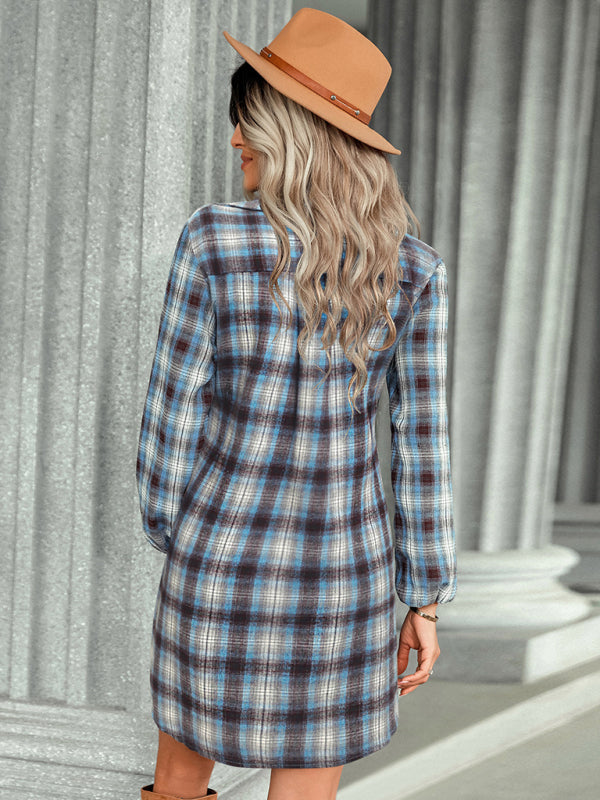 Shirt Dresses- Autumn Plaid Bowknot Waist Shirt Dress- - IndioGear Fashion and Gear