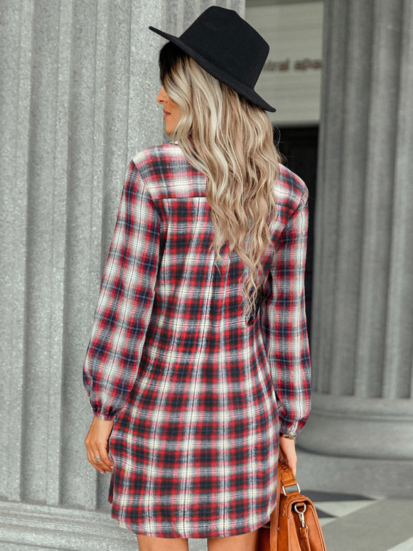 Shirt Dresses- Autumn Plaid Bowknot Waist Shirt Dress- - IndioGear Fashion and Gear