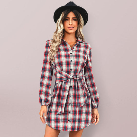 Shirt Dresses- Autumn Plaid Bowknot Waist Shirt Dress- Red plaid- IndioGear Fashion and Gear