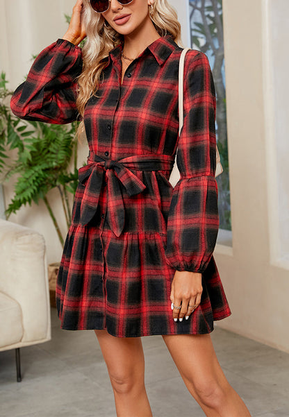 Shirt Dresses- Autumn Plaid Collared Ruffle Tie-Waist Shirt Dress- - IndioGear Clothing and Gear