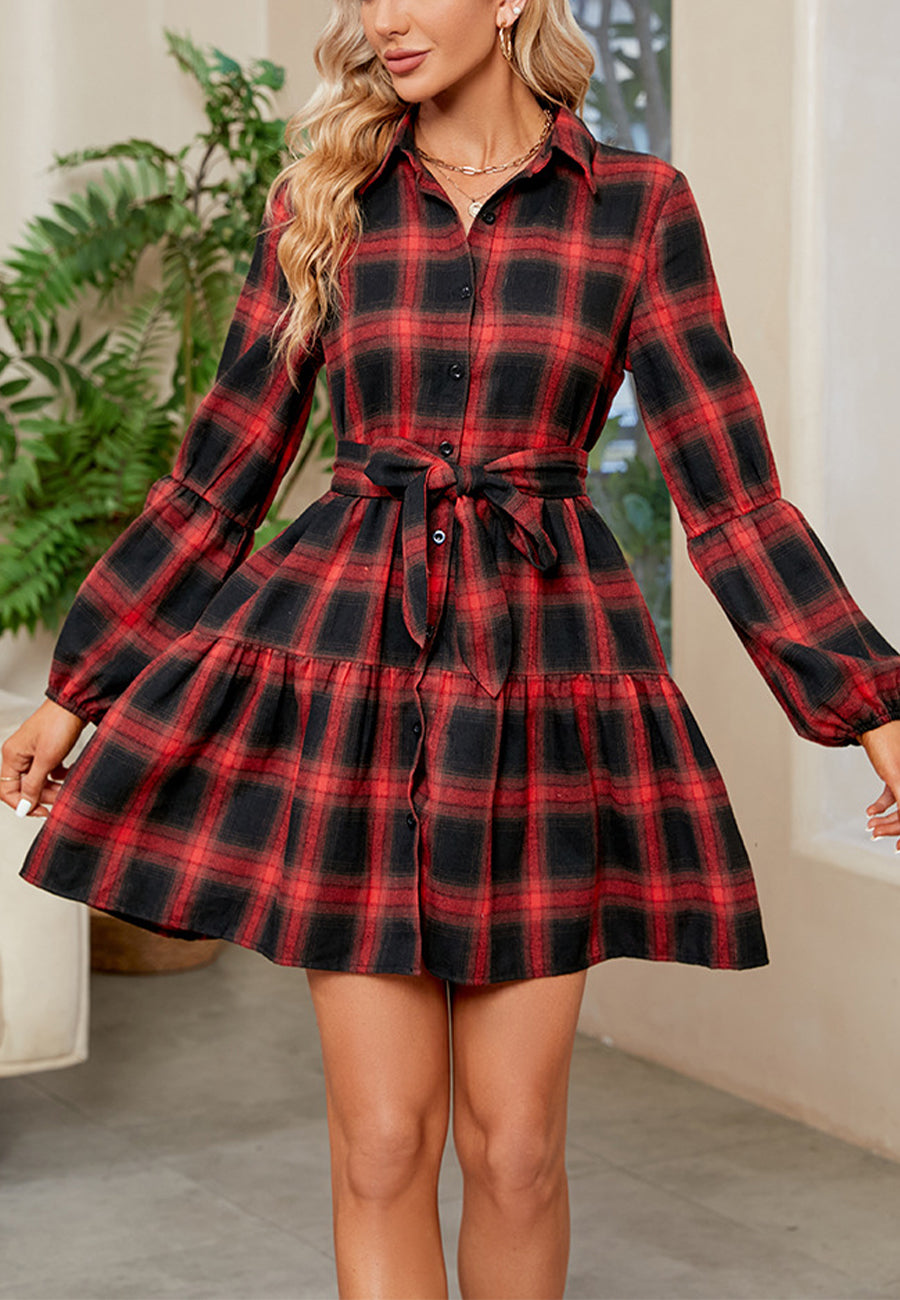 Shirt Dresses- Autumn Plaid Collared Ruffle Tie-Waist Shirt Dress- - IndioGear Clothing and Gear