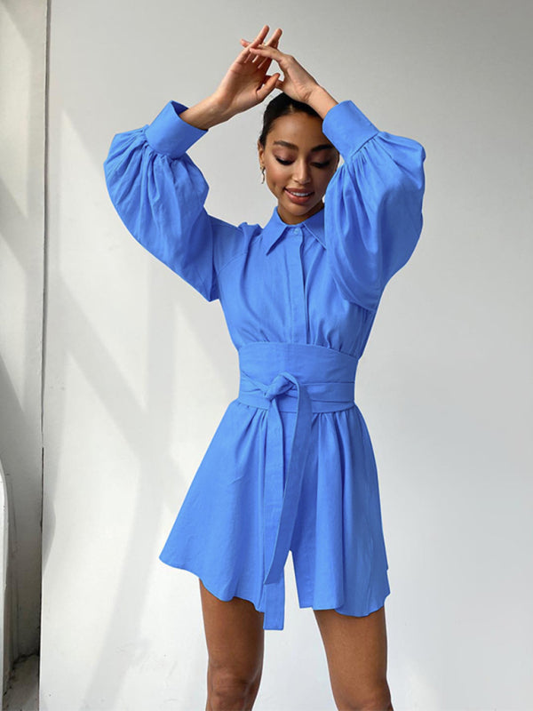 Shirt Dresses- Belt-Tie Solid Mini Dress with Balloon Sleeves- - IndioGear Fashion and Gear