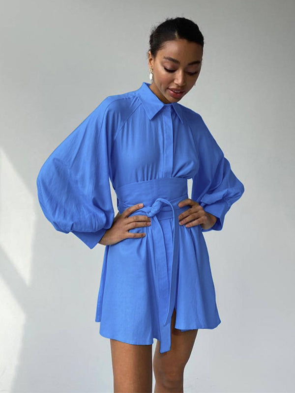 Shirt Dresses- Belt-Tie Solid Mini Dress with Balloon Sleeves- - IndioGear Fashion and Gear