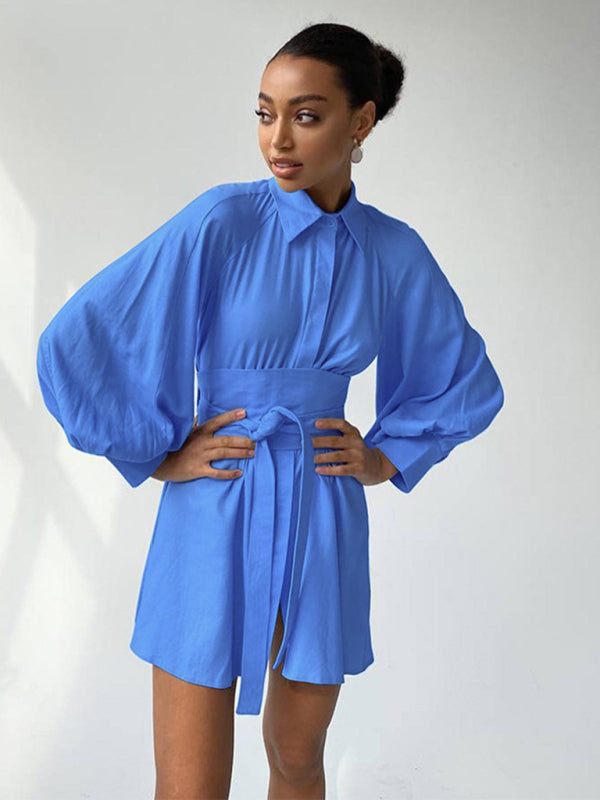 Shirt Dresses- Belt-Tie Solid Mini Dress with Balloon Sleeves- - IndioGear Fashion and Gear