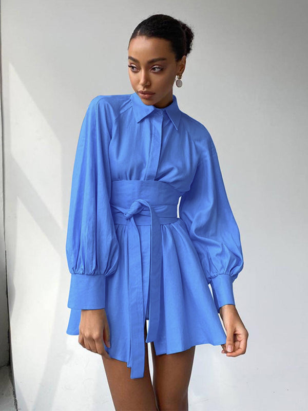 Shirt Dresses- Belt-Tie Solid Mini Dress with Balloon Sleeves- - IndioGear Fashion and Gear