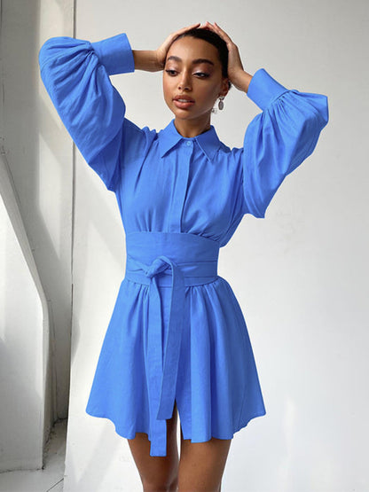 Shirt Dresses- Belt-Tie Solid Mini Dress with Balloon Sleeves- Blue- IndioGear Fashion and Gear