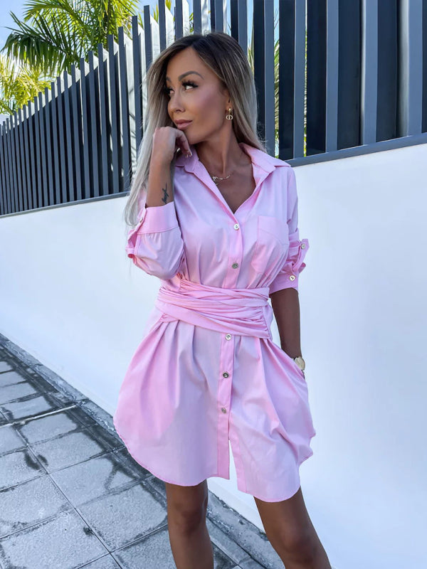 Shirt Dresses- Belted Button-Up Shirt Dress in Solid Cotton with Roll-Up Sleeves- Pink- IndioGear Fashion and Gear