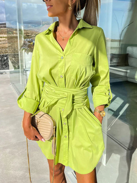 Shirt Dresses- Belted Button-Up Shirt Dress in Solid Cotton with Roll-Up Sleeves- GreenYellow- IndioGear Fashion and Gear