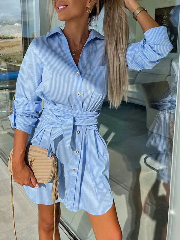 Shirt Dresses- Belted Button-Up Shirt Dress in Solid Cotton with Roll-Up Sleeves- Blue- IndioGear Fashion and Gear