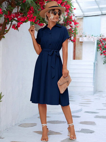 Shirt Dresses- Button Down A-Line Shirt Dress with Belt Tie & Flowy Skirt- - Pekosa Women Clothing