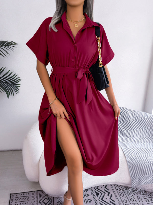 Shirt Dresses- Casual Elegance Solid Button Down Belt Tie Shirt Dress- - Pekosa Women Clothing