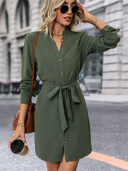 Shirt Dresses- Long Sleeve Belt Tie Shirt Dress- - IndioGear Fashion and Gear